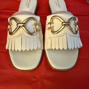 Kate Spade White Mules with Gold Bow Accent
